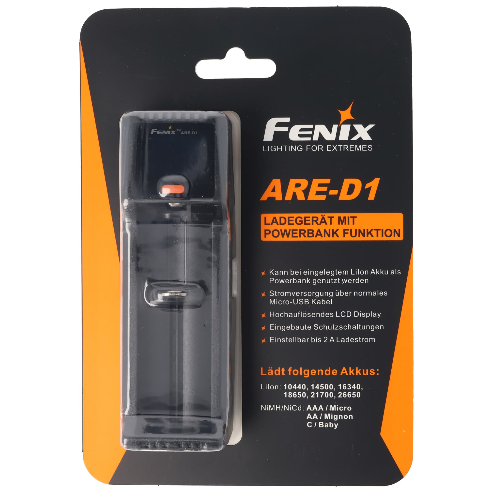 Chargeur Fenix ARE-D1 à une baie adapté aux batteries 21700, 18650, 26650, 16340, 14500, 10440 Li-Ion, NiMH et NiCd