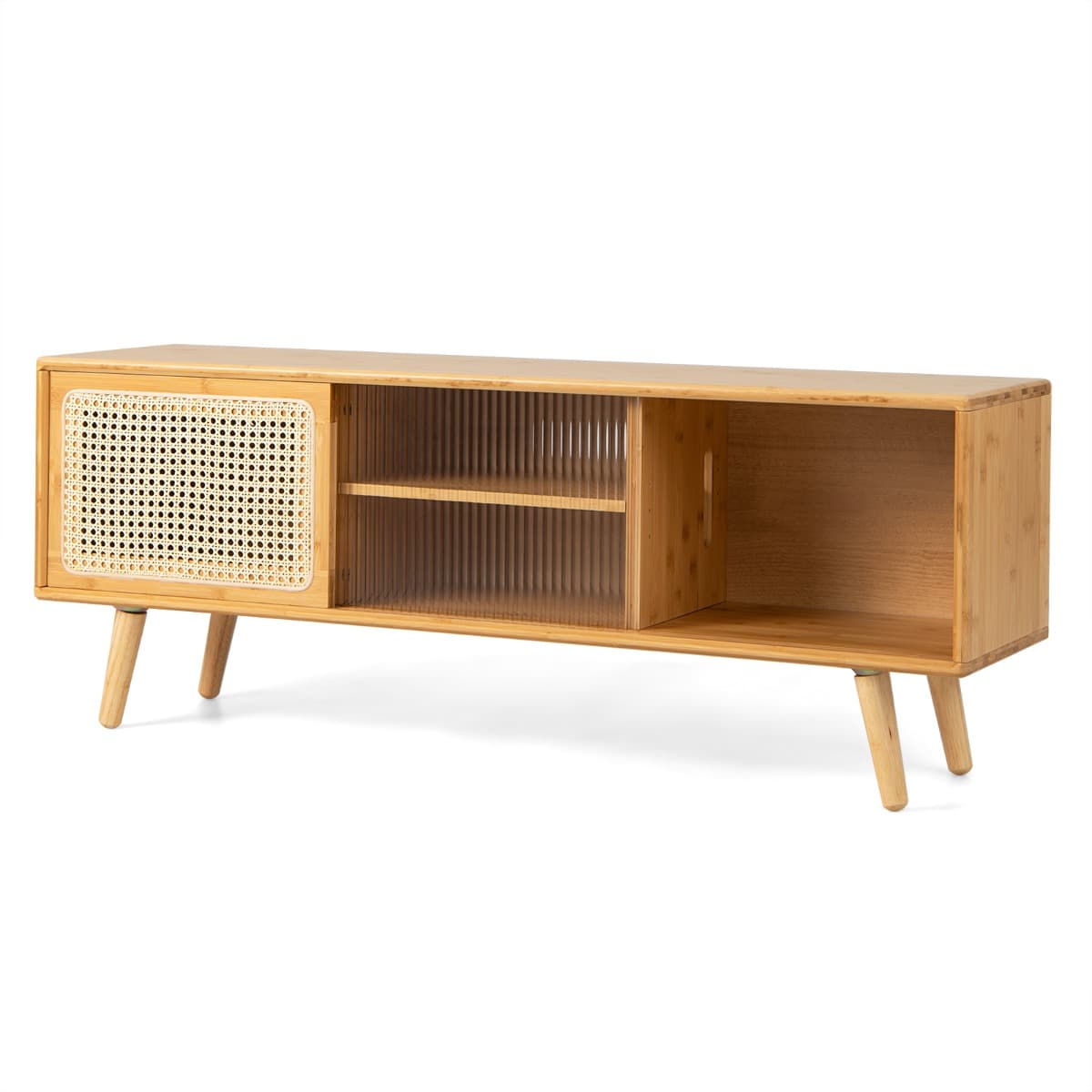 Meuble TV en Bambou avec 4 Compartiments pour TV 55'' au Max Banc TV à 4 Pieds en Bois Massif 2 Porte