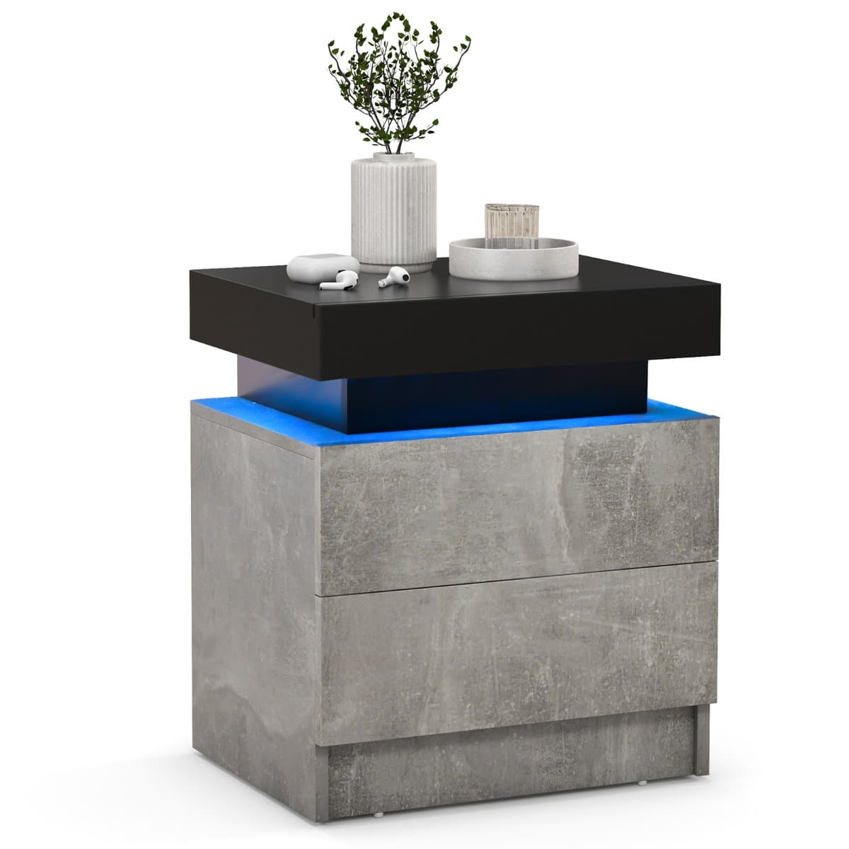 CostwayTable de Chevet avec Éclairage LED 20 Couleurs Table de Nuit 2 Tiroirs en Texture Marbre Chevet de Lit pour Chambre Table d’Appoint Noir