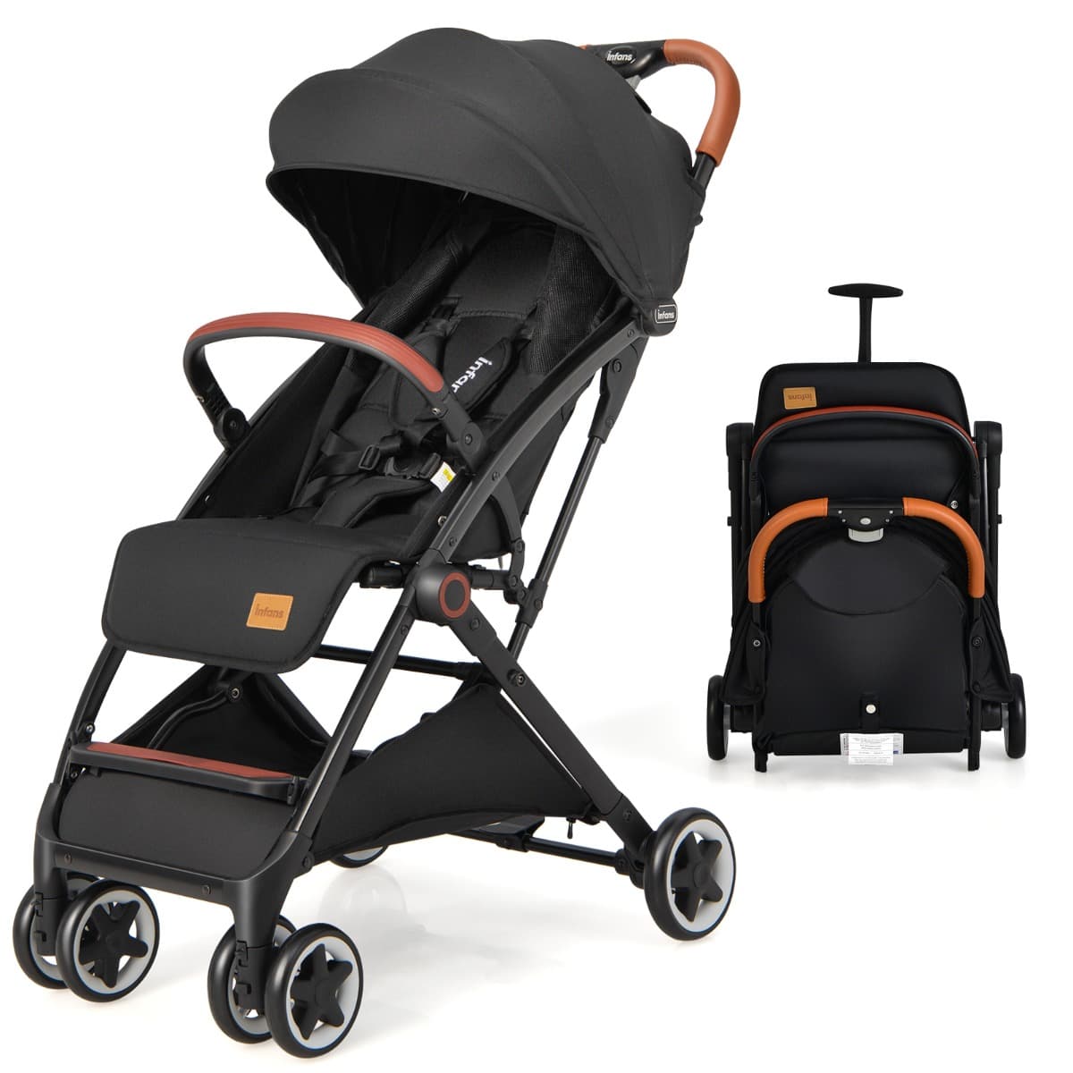 CostwayPoussette de Voyage pour Bébé avec Pare-soleil Inclinable Porte-gobelet Harnais 5 Points Dossier Réglable Chancelière Rangement Inférieur Noir