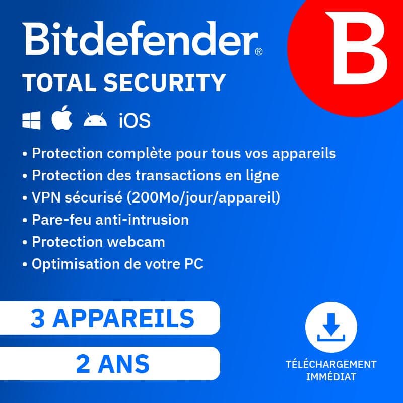 Bitdefender Total Security 2026 | Renouvellement automatique | 3 Appareils | 2 Ans | Téléchargement